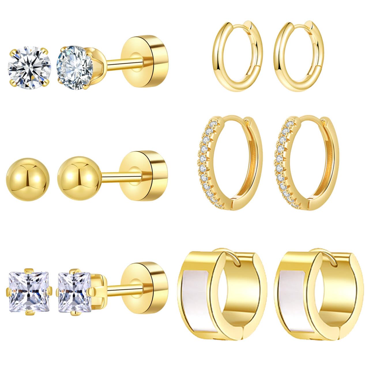 Stainless Steel Gold/Silver Plated Hoop Earrings for Women, Hypoallergenic 14k Gold Hoops Huggie Earrings Lightweight Cartilage Small CZ Ball Flatback Studs Earring Pack for Multiple Piercing